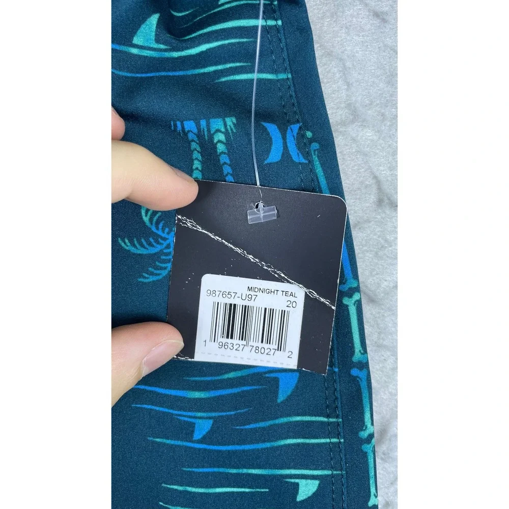 Hurley Board Shorts Mens 30 Teal New Tropical Palm Tree Bone Print Swim Trunks